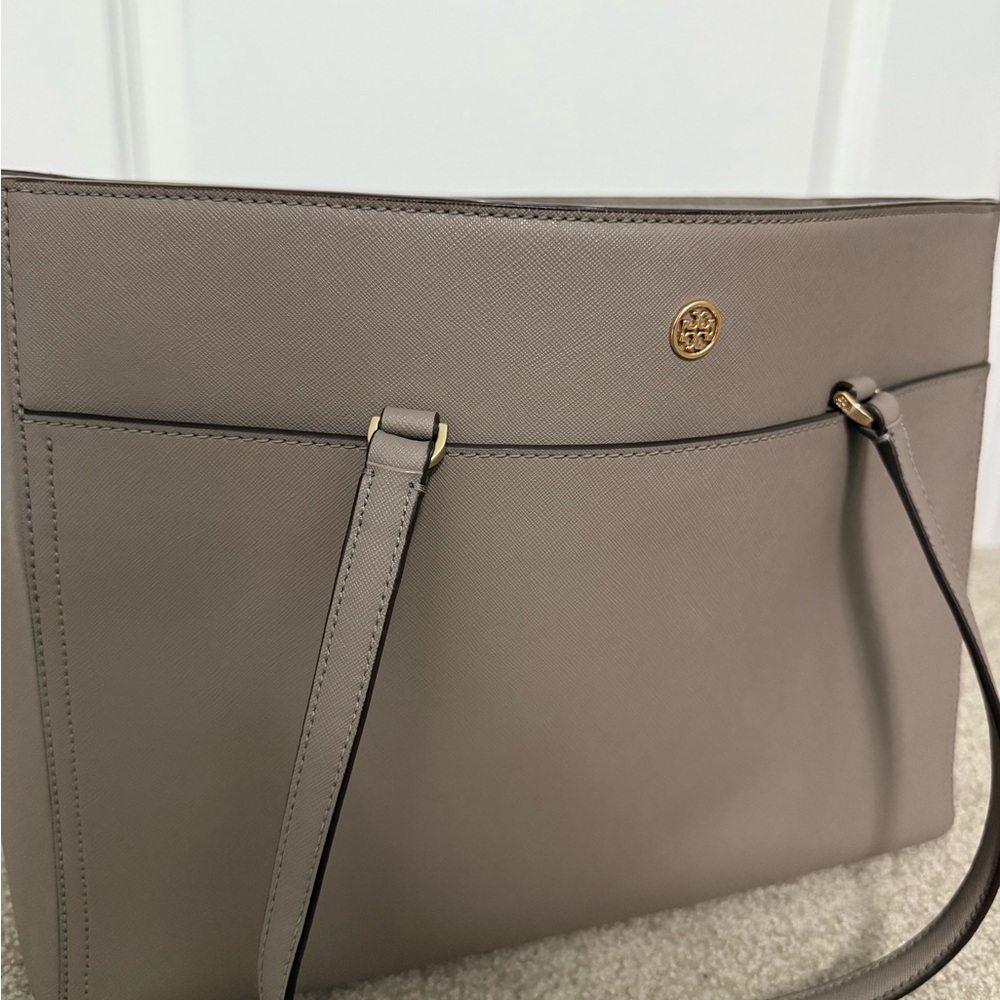 Tory Burch Gray Structured Tote with Flap Closure